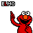 Pixelated Elmo character waving with orange nose, white eyes, black mouth, red body; text "ELMO" above and below in bold pixel font.