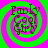 Four identical display a green and pink spiral background with brown text reading "Frooky" above a cluster of dark shapes resembling cartoon characters
