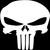 Static pixelated icon of a white skull with black eye sockets and nose cavity on solid black background, featuring three vertical stripes at the jawline.