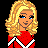 Pixel art cheerleader icon with red and white uniform, blonde hair, cone prop, and text "Cheer Your Butt Off!" on black background.