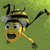 Pixelated cartoon character with yellow face, black hat, and gray ears holding a curved black object against green background