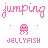 Pixelated pink jellyfish icon with 'jumping' text above and 'JELLYFISH' below, showing variations in text spelling and surrounding symbols across frames.