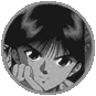 Two circular grayscale anime-style character portraits side-by-side, one with hand near face and the other with hair partially covering eyes.