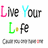 Pixelated text 'Live Your Life' with colored letters and a small yellow dot, plus blurry lower text on white background.