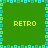 Green background with four yellow 'RETRO' texts in corners, surrounded by blue pixelated border and cross pattern.