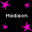 Pixelated pink star icons and repeated "Madison" text on a black background, with varying star sizes across multiple positions