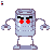 Pixelated robot icon with red eyes, gray body, and multiple arm poses on a light gray background.
