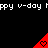 Red triangular icons with heart symbols on black background, repeated with 'happy v-day' text above and below.