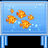 Pixelated aquarium with four orange fish swimming in blue water, adjacent to pixelated text reading 'FISHEYS' on black background.