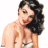 A pixelated image of a woman with dark wavy hair and light skin, wearing a white strapless dress against a plain background.