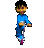 A child in blue clothing rides a pink scooter across showing motion progression