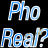 Pixelated static icon with blue and white text on black background reading "Pho Real?" in two lines, rendered with dithering and anti-aliasing artifacts.