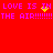 Red background with repeated purple text 'LOVE IS IN THE AIR!!!!!!' and yellow pixelated sparkles appearing in two locations.