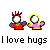 Two pixelated figures with white faces and red spiky hair stand side-by-side, then merge into one figure holding a pink object while text reads "I love hugs" below.