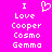 Pixelated text and heart symbol on bright pink background, with identical left and right sections displaying 'I Love Cooper Cosmo Gemma' in white block letters.