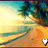 Pixelated beach scene with palm tree and ocean, displaying "Beautiful Paradise" text with a heart symbol, showing animation change in the text's punctuation.