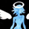 Pixelated static icon of a blue angelic figure with white wings and halo against black background, rendered in low-resolution 256x256 pixels.