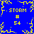 Blue background with yellow pixelated text and symbols including "STORM" and "# 54" arranged around a central snowflake-like shape.