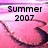 A pink and purple gradient background with a stylized dark shape, displaying sequential text: 'Summer 2007', 'will never', and 'END!' in black pixelated font.