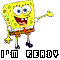 Pixelated yellow sponge character with wide eyes, open mouth showing teeth and tongue, wearing white shirt, red tie, brown shorts, black shoes; left arm extended rightward.