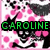 Pixelated icon with green text 'CAROLINE' over a black-and-white skull surrounded by pink floral shapes on white background.