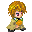 A 4-frame animated contact sheet of a pixel art character with curly brown hair, wearing a beige coat and green-and-white scarf, shown in different poses against a gray background.