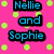 Pixelated text on a pink background with yellow dots, featuring phrases like "Nellie and Sophie" in blue and "Love for Life" in green.
