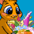 Animated contact sheet of a cartoon hamster-like character holding flowers against blue background with repeated frames showing eye and mouth animation changes.