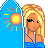 Pixel art contact sheet of a blonde woman in blue bikini with sun motifs and "surfer girl!" text across six animated frames.