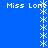 Blue background with white text "Miss Long" and star-like symbols arranged in vertical