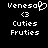 Pixelated text and symbols on black background: 'Venesa' with heart symbol, '<3', 'Cuties', 'Fruties' in white blocky font.