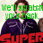 A pixelated image of a person in a dark purple jacket with white text above and red text below, showing text changes across frames.