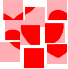 Red heart shapes in various sizes and styles on pink backgrounds, with one heart having a yellow glow effect.
