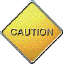Six yellow diamond-shaped caution signs with black borders arranged in two , each displaying 'CAUTION' text and a red exclamation mark in varying positions