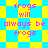 Pixelated text 'frogs will always be frogs' in pink on alternating yellow and cyan checkered background with star-shaped pattern.