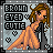 Pixel art icon of a woman with brown hair and eyes in an orange dress, leaning against a pole on a light blue background with text "BROWN EYED CUTIE".