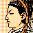 Pixelated 48x48 static icon showing a side-profile of a person with short black hair against an orange-and-white checkered background, rendered in low-resolution digital art style with visible dithering and pixelation.