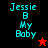 Pixelated text 'Jessie B My Baby' in cyan on black and red backgrounds with star symbols changing from red to black.