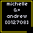 Four identical pixel-art with yellow borders display text 'michelle &+ andrew [012708]' on black backgrounds, each containing a distinct small symbol in the bottom-right corner