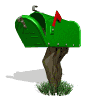 Green mailbox with red flag on brown post, grass base, and visible letter inside, shown in multiple states of flag and door position.