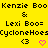 Yellow background with black pixelated text repeating 'Kenzie Boo', 'Lexi Boo=', 'CycloneHoes', and symbols '<3' and pink hearts.