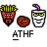 A 4x3 contact sheet of pixel art animated frames featuring three recurring characters: a red bearded figure with yellow hair, a white cup with sunglasses and purple straw, and a brown round character with eyes, all labeled "ATHF" beneath each frame.