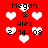 Red background with white pixelated hearts and black text reading "Megan & Alex 2/14/03" in four identical