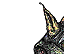 Pixelated cartoon character with pointed ears and a dark hooded cloak, featuring yellow and black facial markings against a gray background.