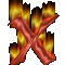 Animated icon with red X over flames, showing two distinct states: full flame background and partial flame background.