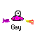 Pixelated character in pink shirt with white face and black outline, holding purple fish and yellow-orange object against gray background.