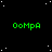 Green pixelated text 'OoMpA' repeated across a black background with scattered white dots, one gray square in the bottom-right corner.