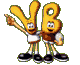 Two yellow cartoon characters with 'YB' letter-shaped heads stand side-by-side, wearing white shirts and brown shorts against a gray background.