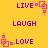 Yellow background with purple text words LIVE, LAUGH, LOVE arranged in a pattern, each word paired with a pink pixelated square animation element