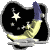 Animated sequence of a yellow crescent moon with blue hat floating against black starry background, stars shift position across frames.